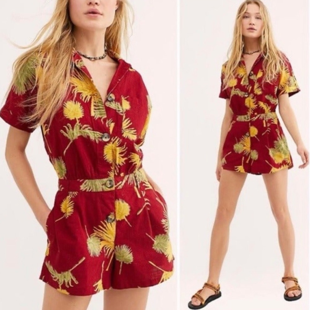 Free People Malibu Romper‎ Autumn Fall Colors Deep Red Gold Green Palm Trees